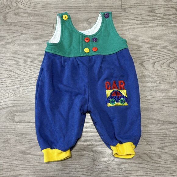 VTG Baby Boy 3-6 mos 1-Pc Color Block Romper Embroidered Cars Button Front Snaps - Picture 1 of 4